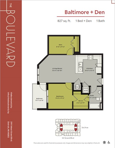 Floor plan for 1 bed, 1 bath, 827 sqft